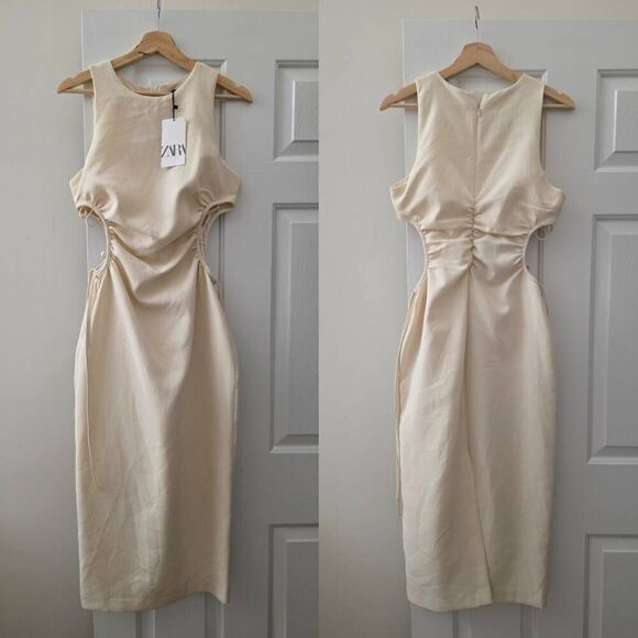 Zara Cut Out Slim Midi Cream Size M NWT Blogger Favorite - Picture 2 of 11
